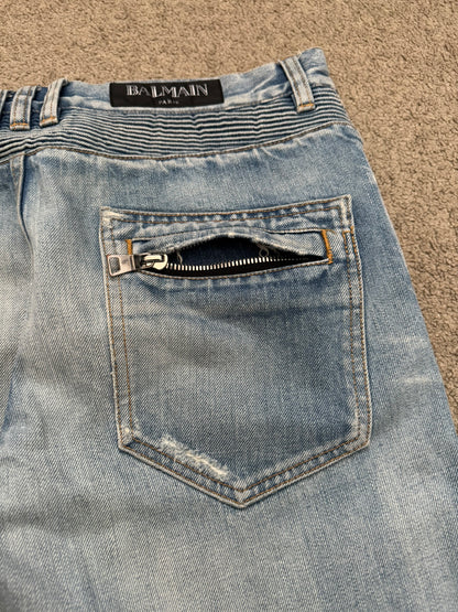 Balmain by Olivier Rousteing Selvedge Lightwash Zip Biker Denim Jeans