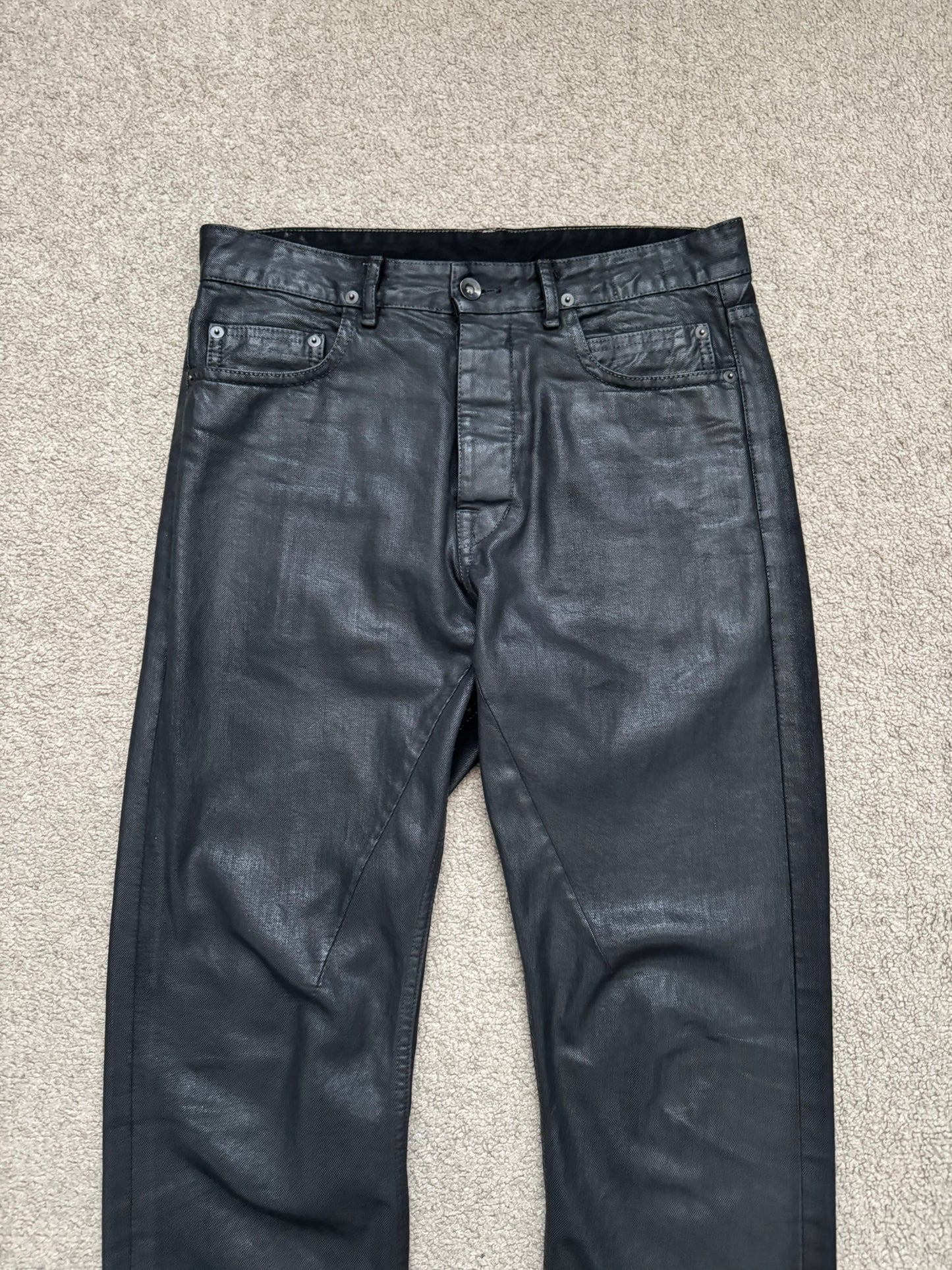 SS17 Rick Owens DRKSHDW Black Waxed Torrance Cut Denim Jeans