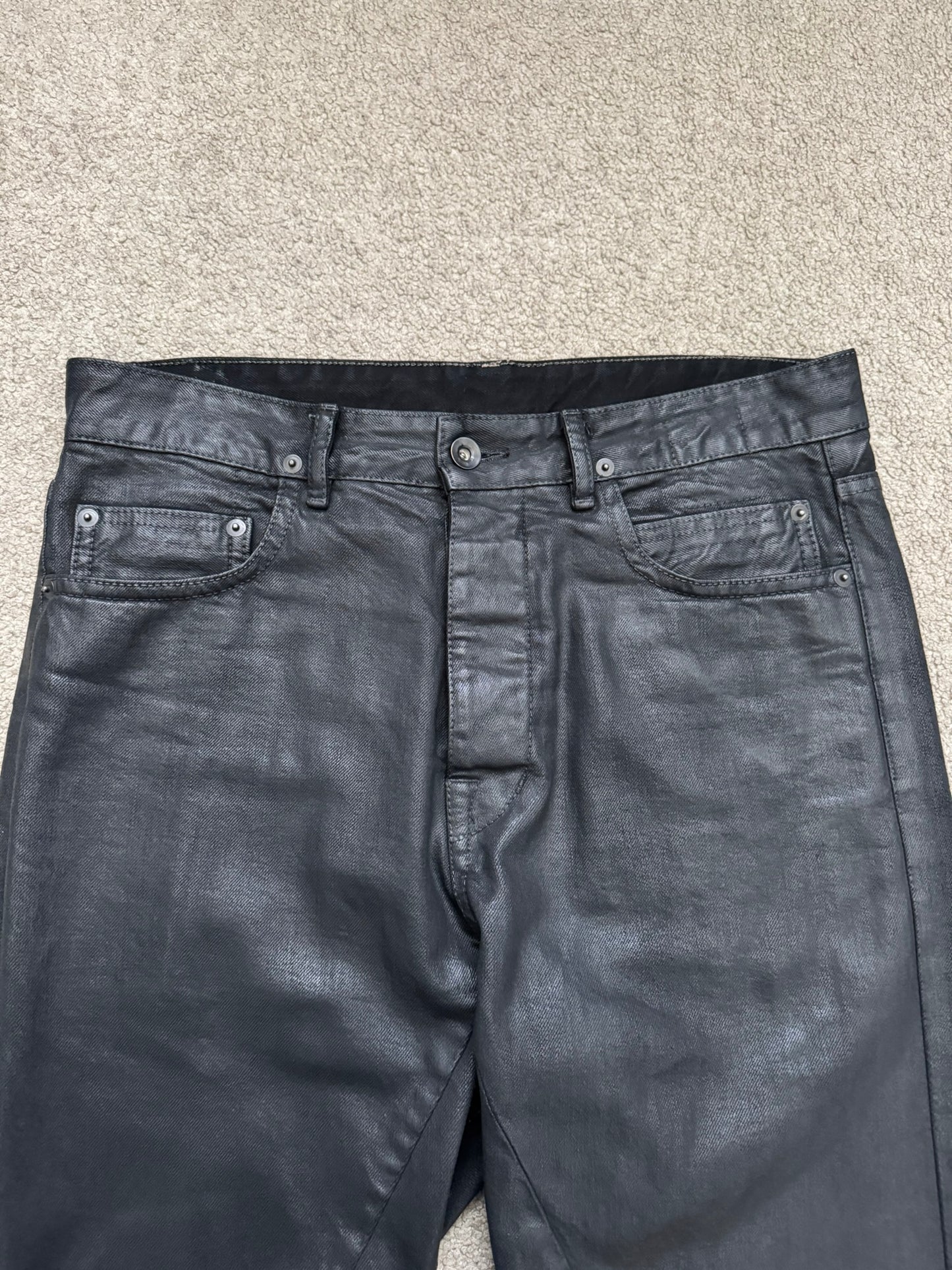 SS17 Rick Owens DRKSHDW Black Waxed Torrance Cut Denim Jeans