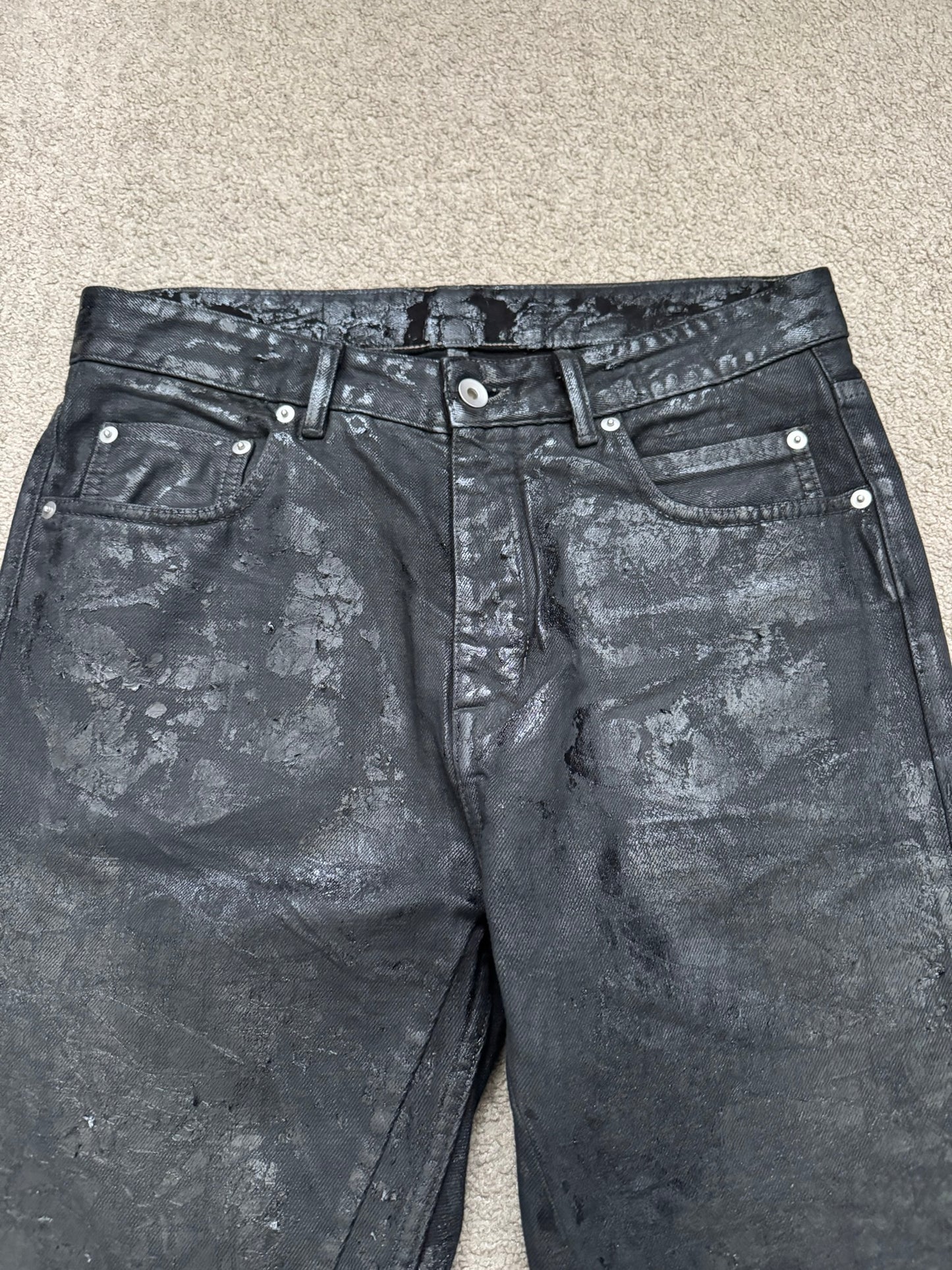 FW24 Rick Owens DRKSHDW Megacrust Foil Wax Detroit Denim Jeans