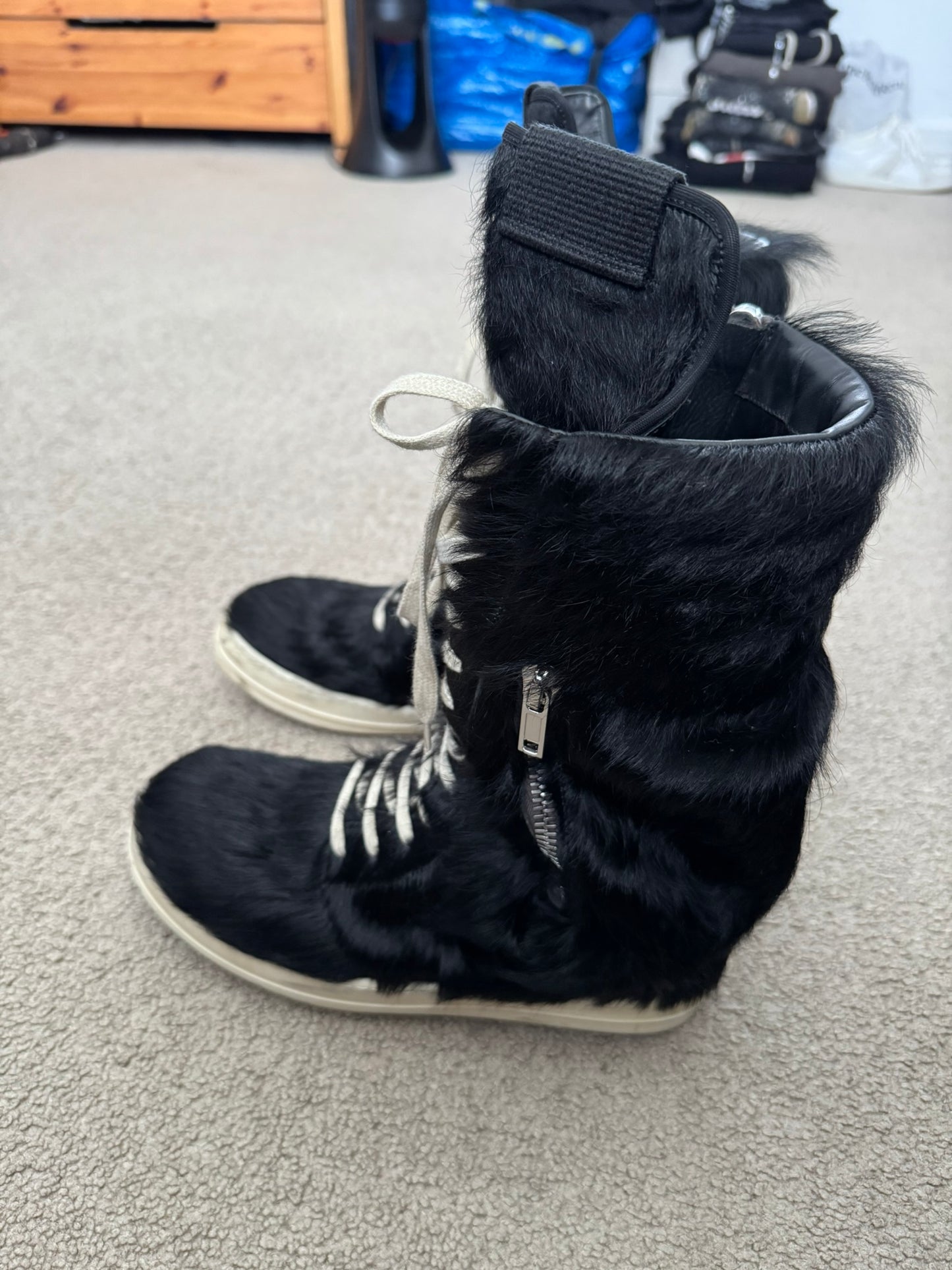 FW22 Rick Owens Pony Hair Cargobasket High Top Sneakers