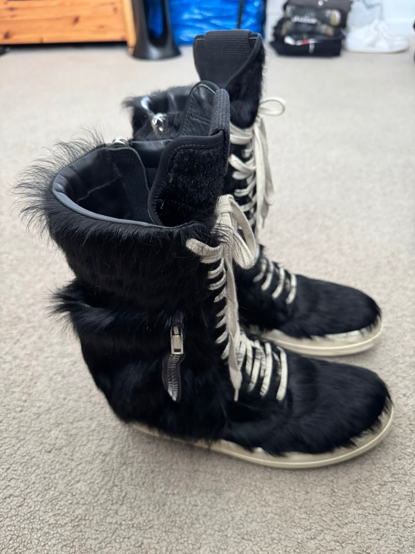 FW22 Rick Owens Pony Hair Cargobasket High Top Sneakers