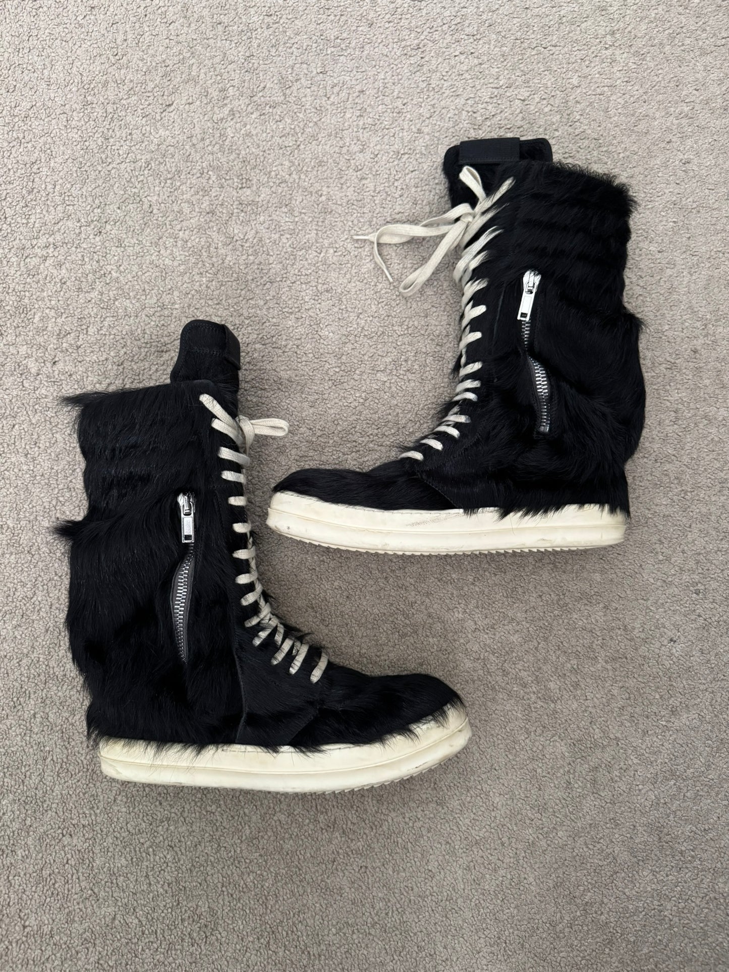 FW22 Rick Owens Pony Hair Cargobasket High Top Sneakers