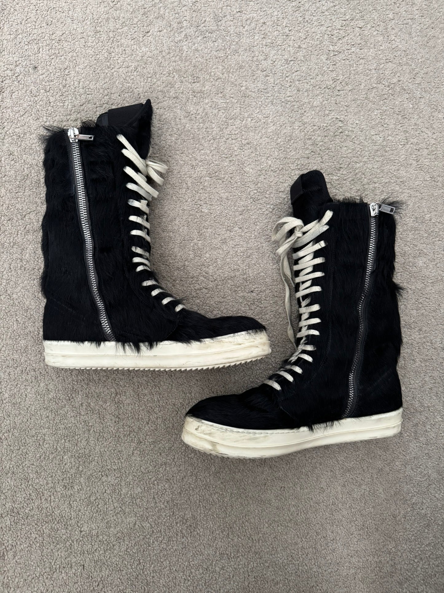FW22 Rick Owens Pony Hair Cargobasket High Top Sneakers