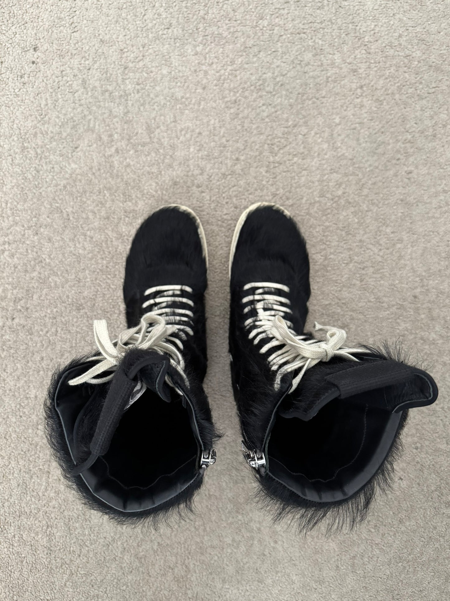 FW22 Rick Owens Pony Hair Cargobasket High Top Sneakers