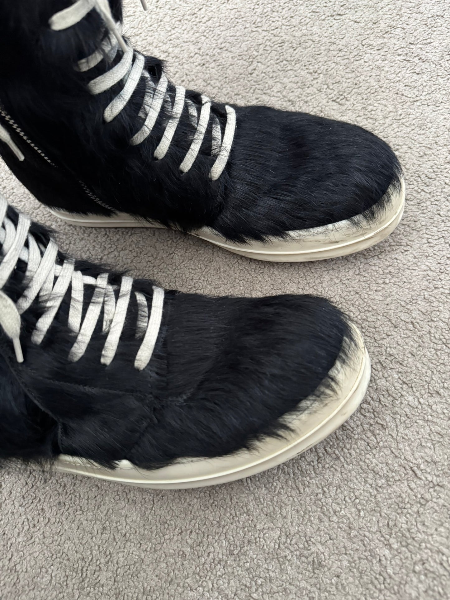 FW22 Rick Owens Pony Hair Cargobasket High Top Sneakers