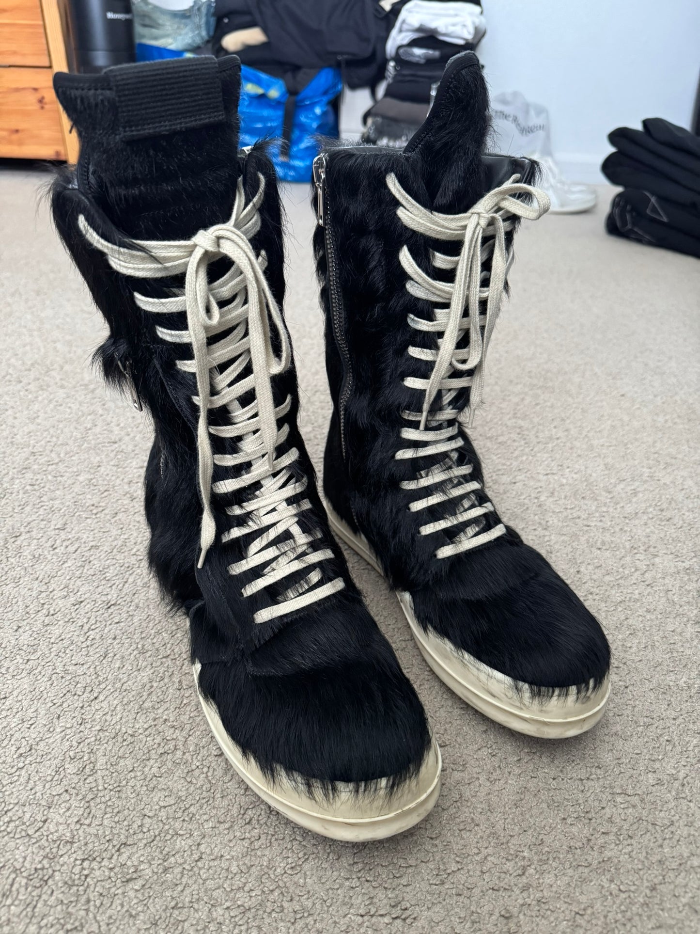 FW22 Rick Owens Pony Hair Cargobasket High Top Sneakers