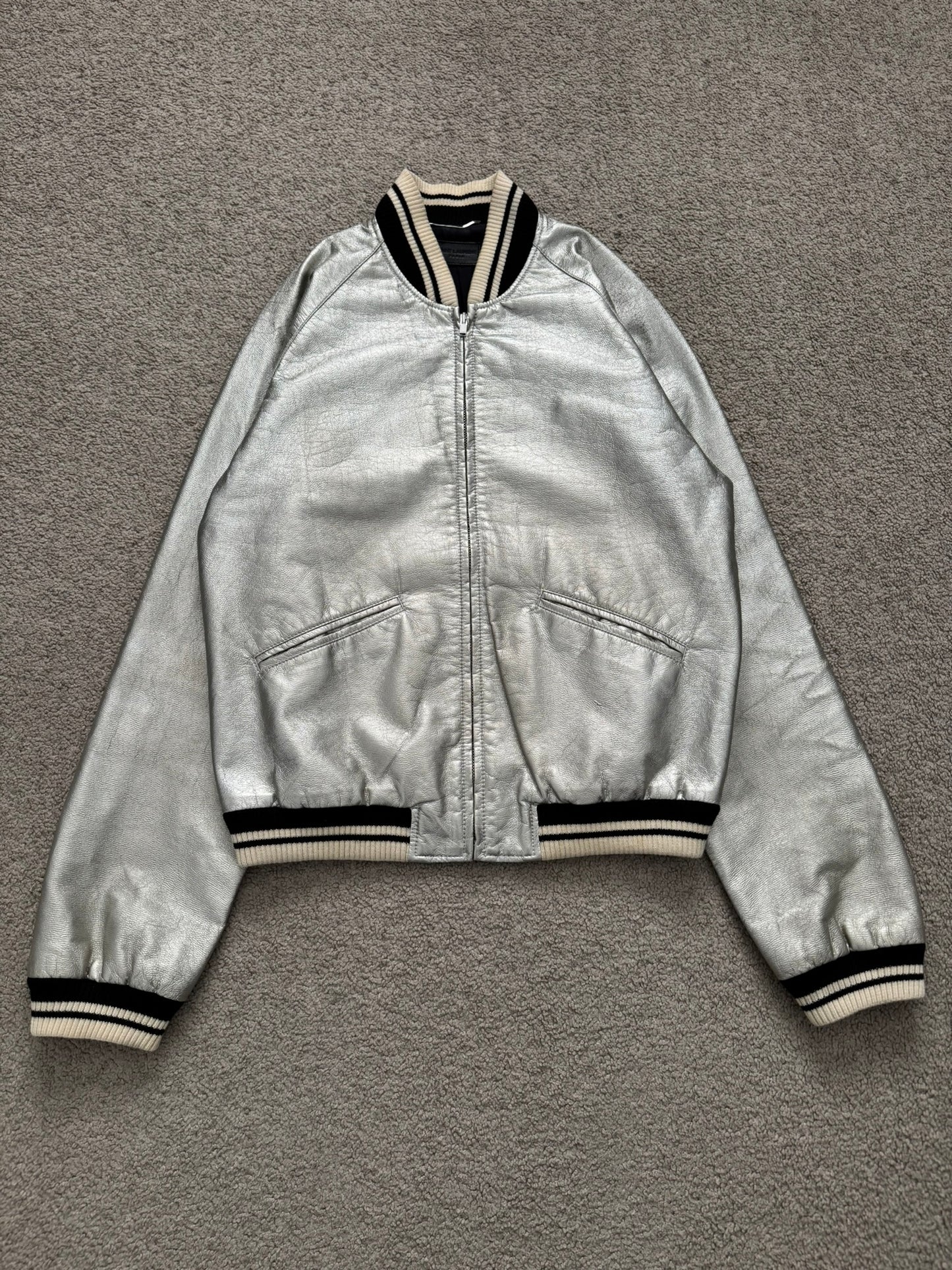 SS14 Saint Laurent by Hedi Slimane Silver Varsity Teddy Bomber Jacket