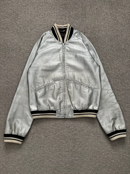 SS14 Saint Laurent by Hedi Slimane Silver Varsity Teddy Bomber Jacket