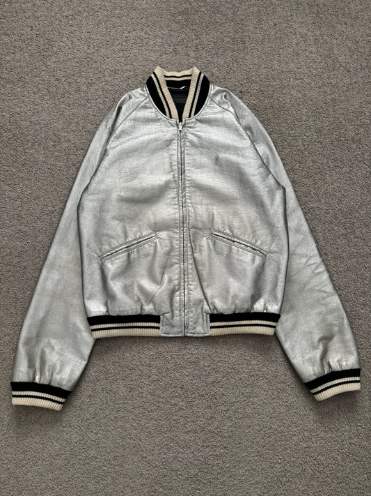 SS14 Saint Laurent by Hedi Slimane Silver Varsity Teddy Bomber Jacket