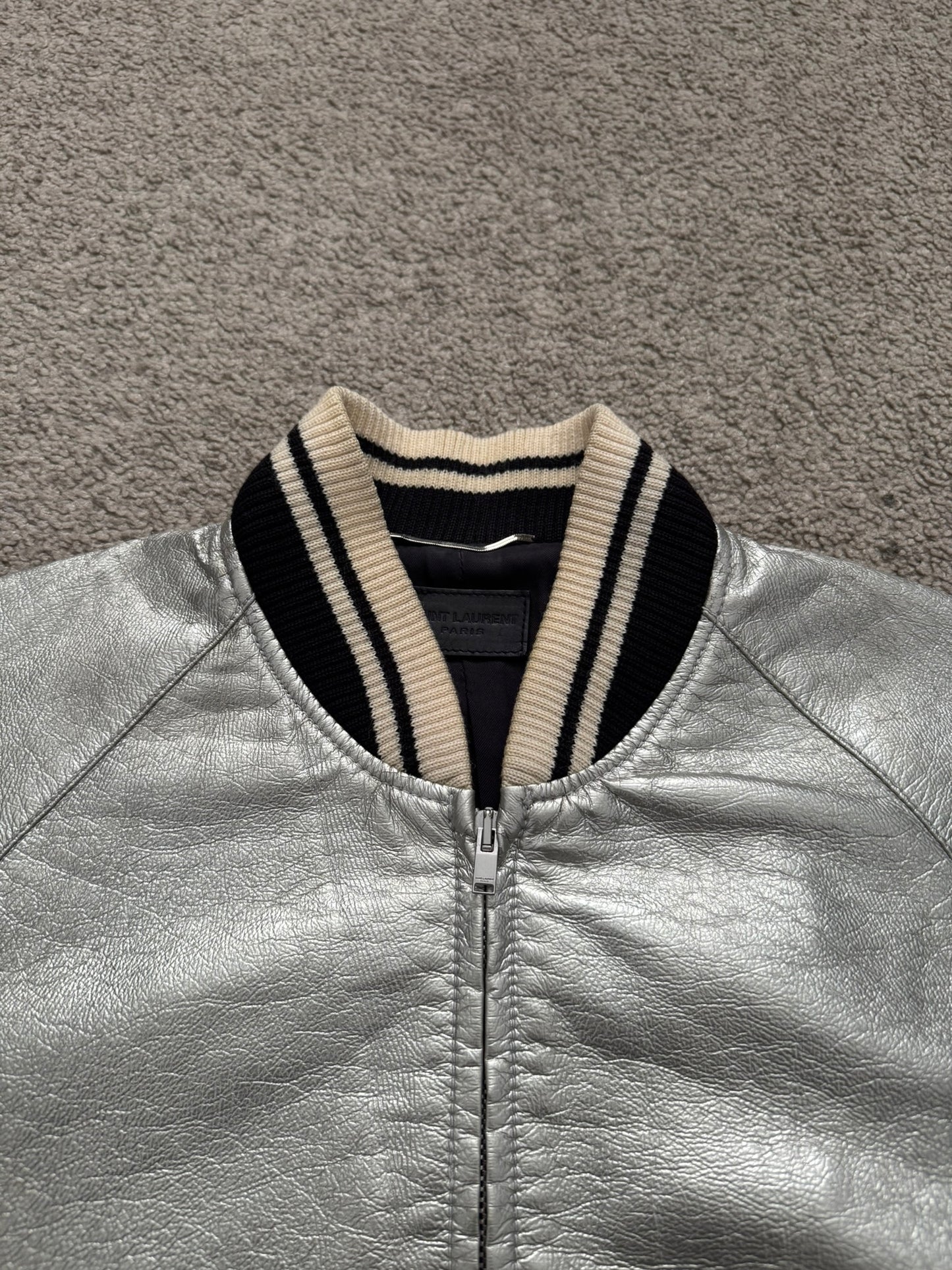 SS14 Saint Laurent by Hedi Slimane Silver Varsity Teddy Bomber Jacket