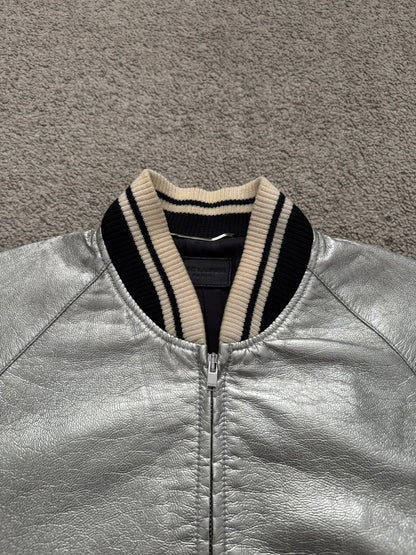 SS14 Saint Laurent by Hedi Slimane Silver Varsity Teddy Bomber Jacket