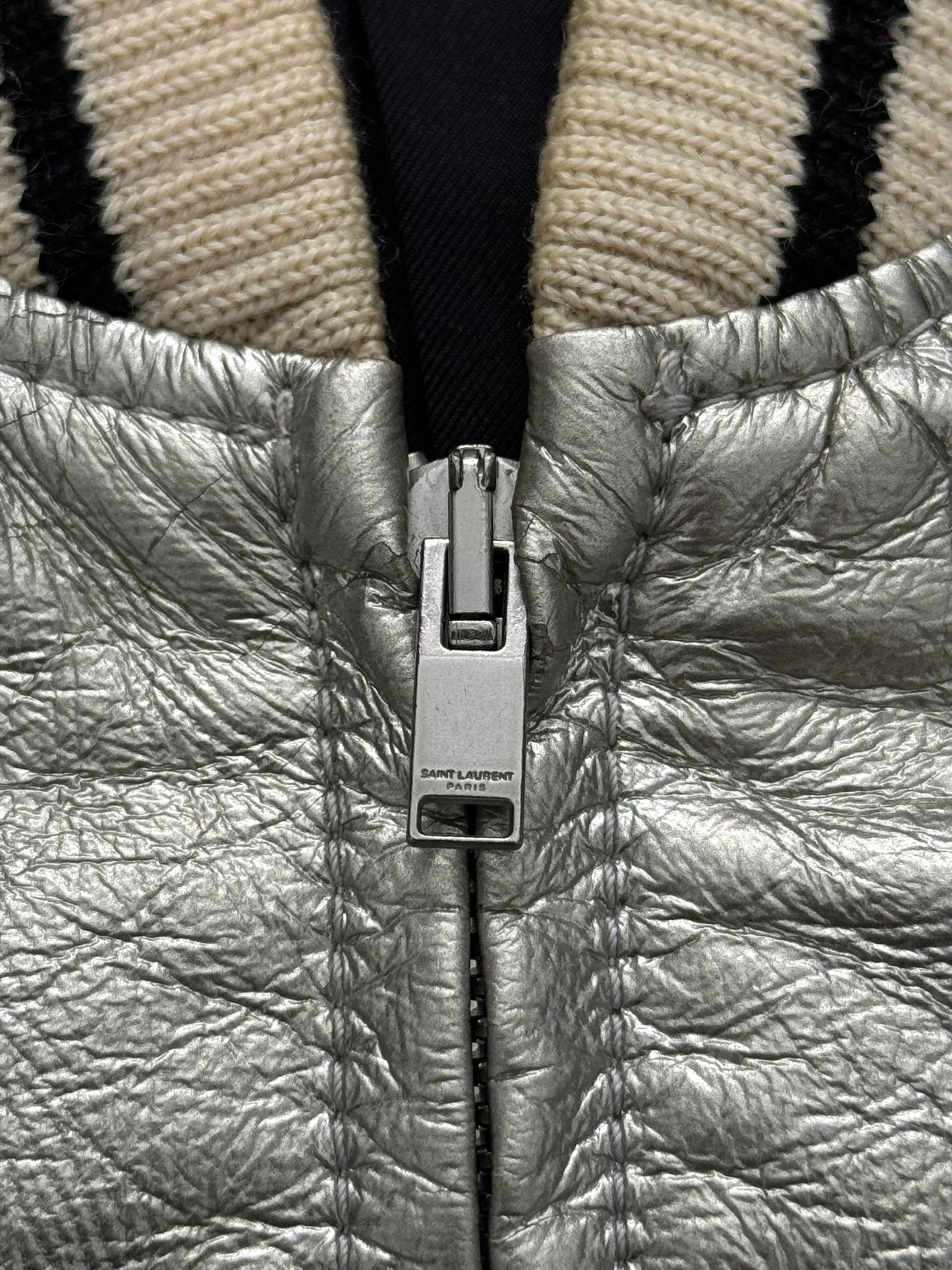 SS14 Saint Laurent by Hedi Slimane Silver Varsity Teddy Bomber Jacket