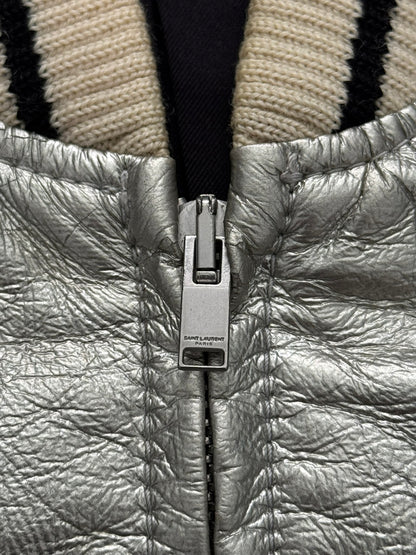 SS14 Saint Laurent by Hedi Slimane Silver Varsity Teddy Bomber Jacket