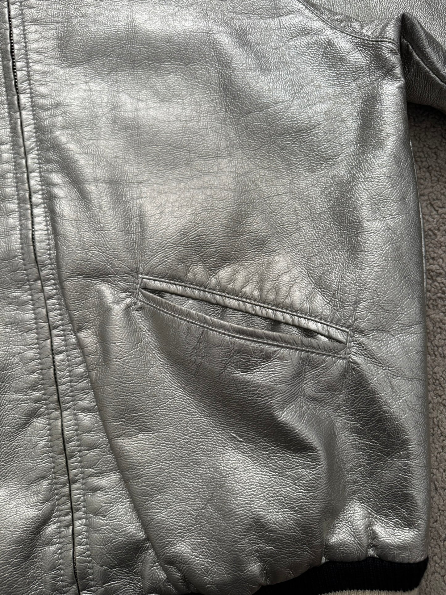 SS14 Saint Laurent by Hedi Slimane Silver Varsity Teddy Bomber Jacket