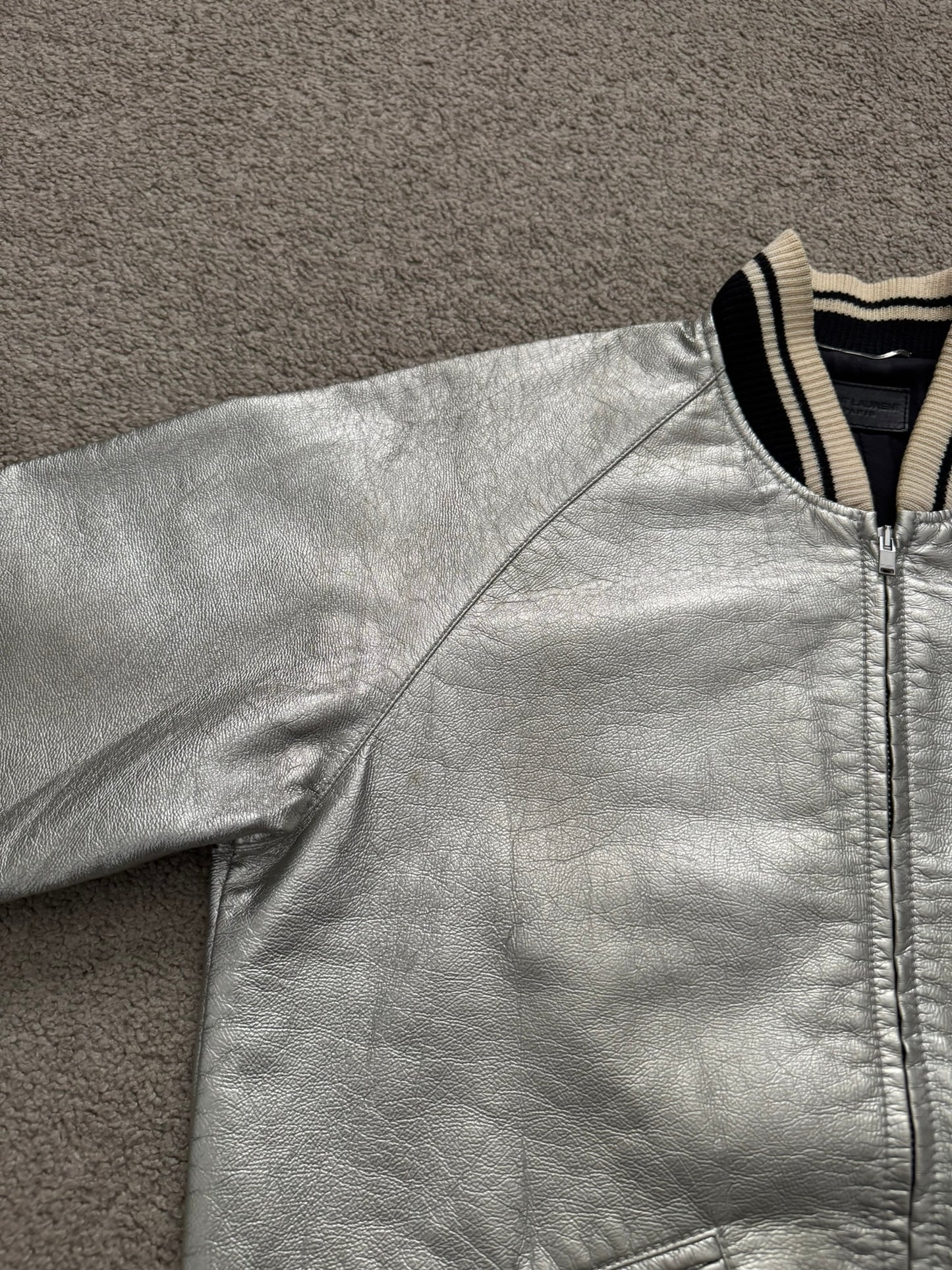 SS14 Saint Laurent by Hedi Slimane Silver Varsity Teddy Bomber Jacket