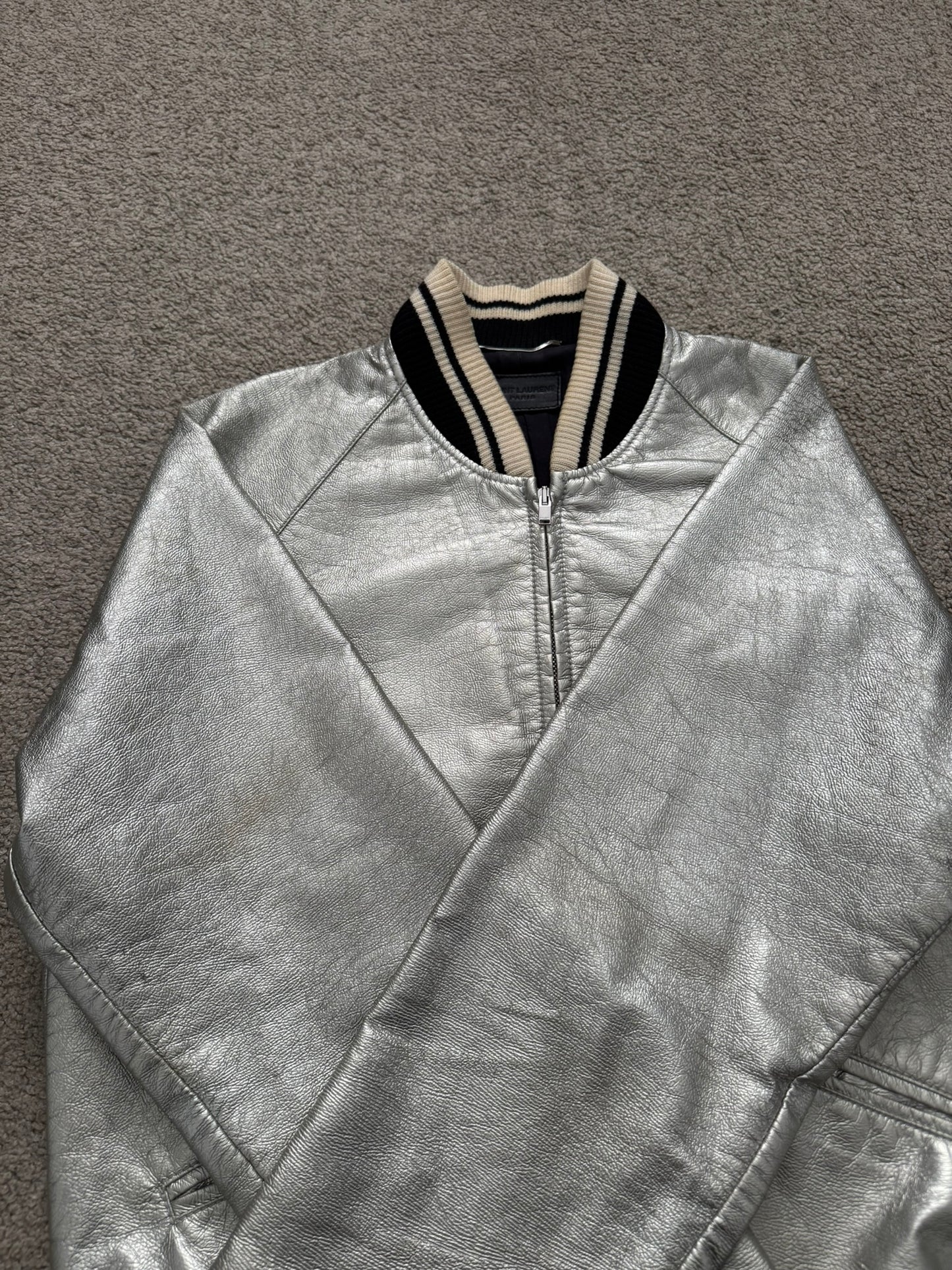 SS14 Saint Laurent by Hedi Slimane Silver Varsity Teddy Bomber Jacket
