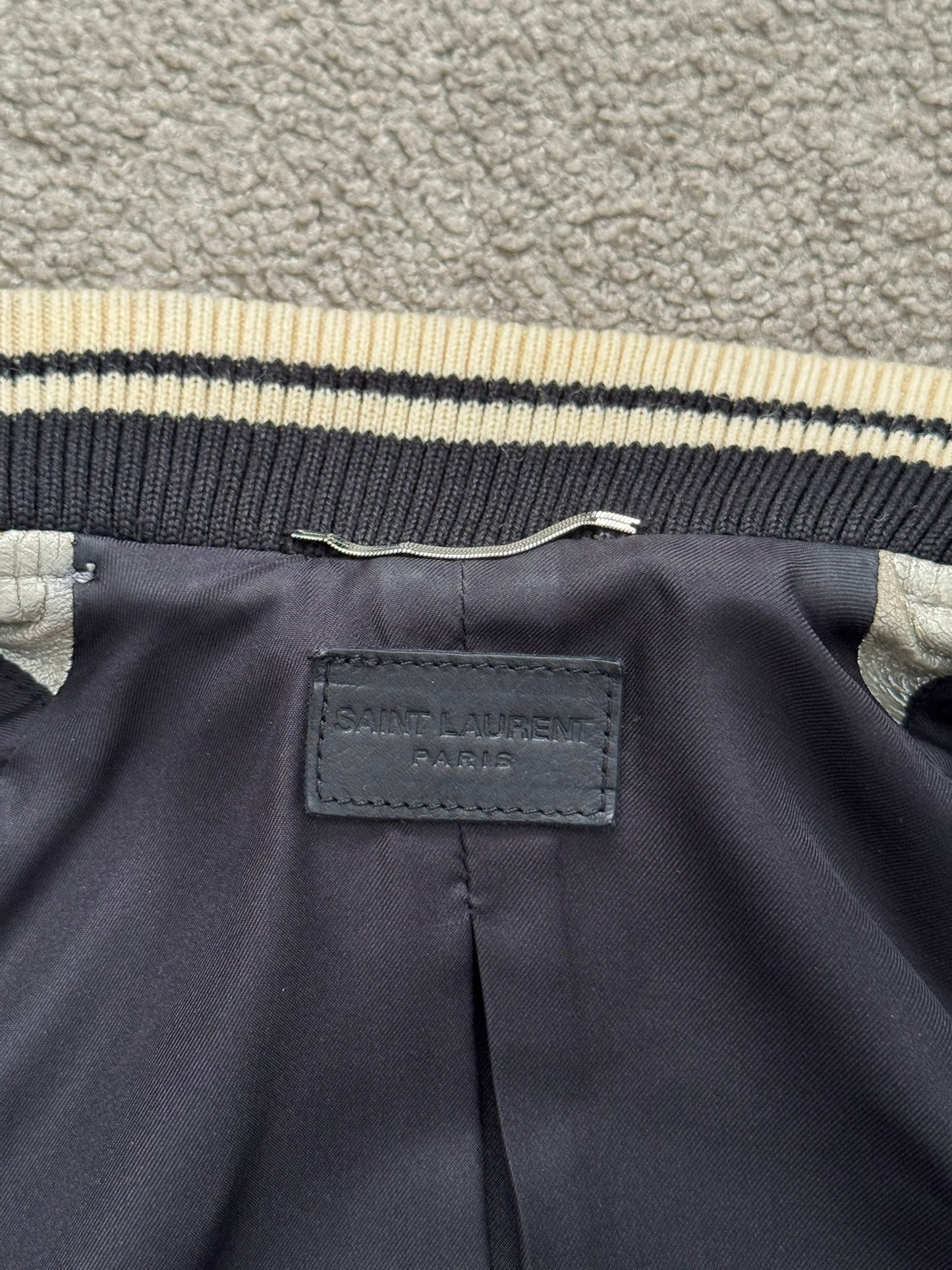 SS14 Saint Laurent by Hedi Slimane Silver Varsity Teddy Bomber Jacket