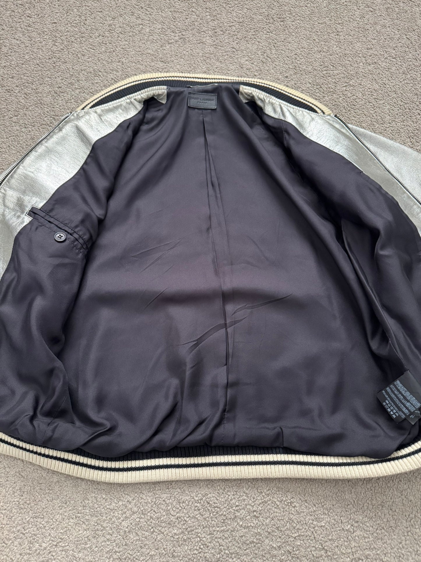 SS14 Saint Laurent by Hedi Slimane Silver Varsity Teddy Bomber Jacket
