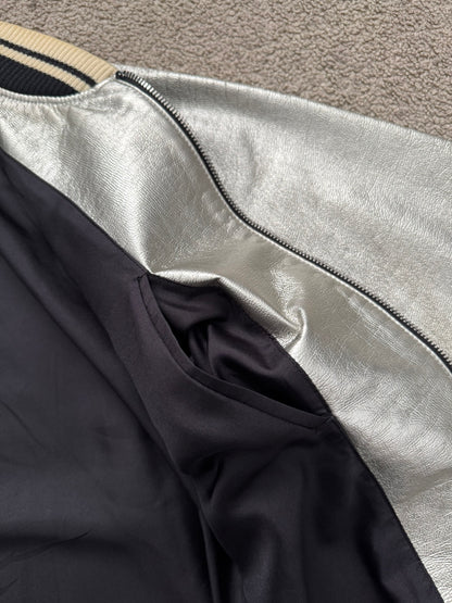 SS14 Saint Laurent by Hedi Slimane Silver Varsity Teddy Bomber Jacket