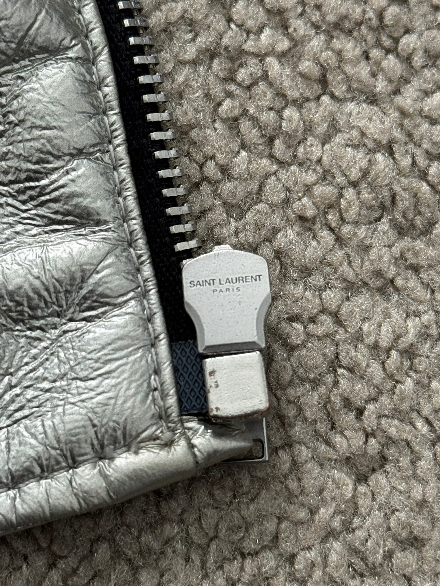 SS14 Saint Laurent by Hedi Slimane Silver Varsity Teddy Bomber Jacket