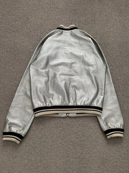SS14 Saint Laurent by Hedi Slimane Silver Varsity Teddy Bomber Jacket