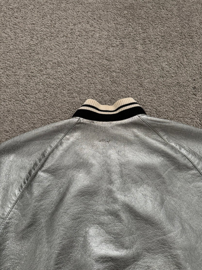 SS14 Saint Laurent by Hedi Slimane Silver Varsity Teddy Bomber Jacket
