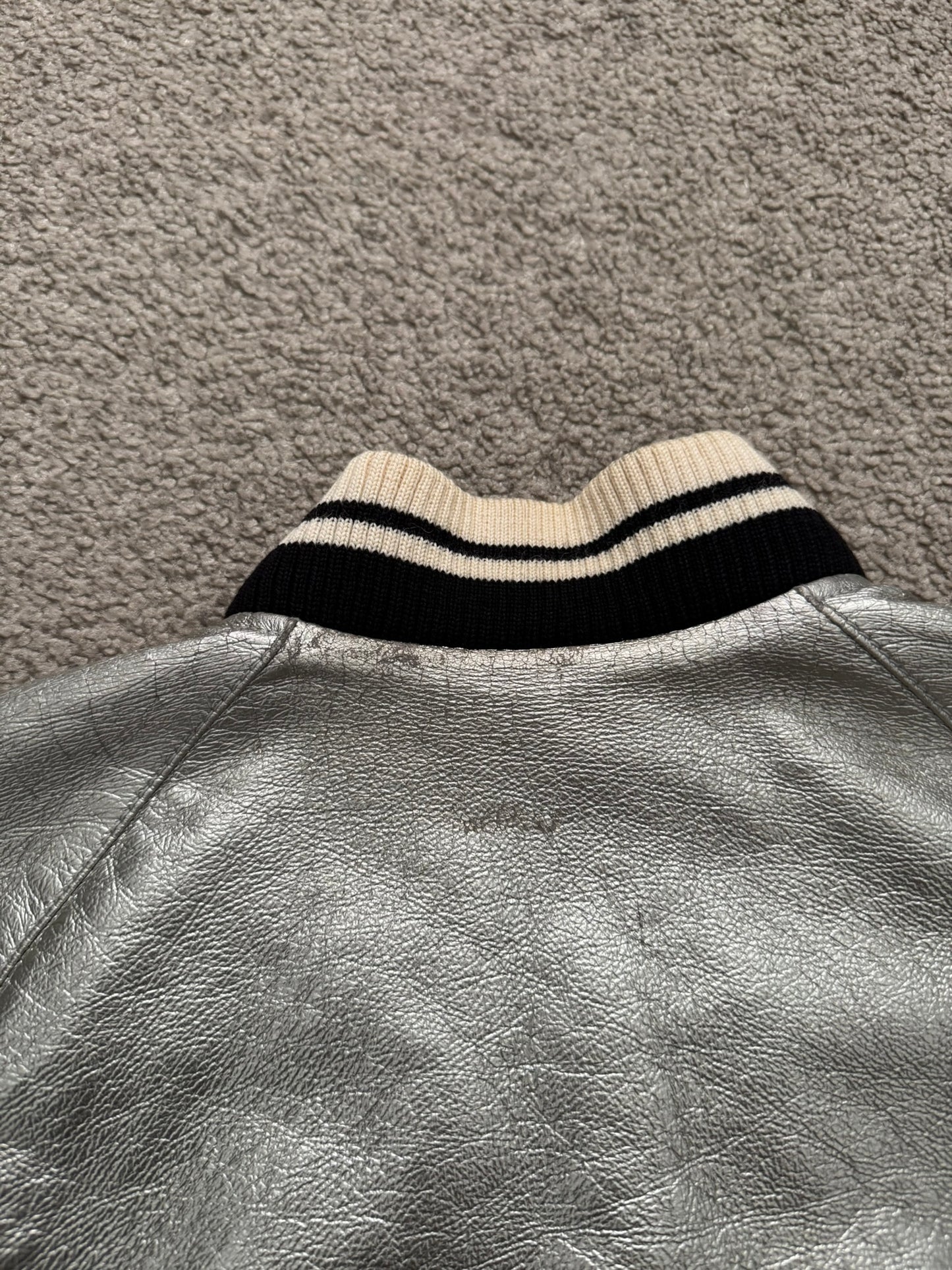 SS14 Saint Laurent by Hedi Slimane Silver Varsity Teddy Bomber Jacket
