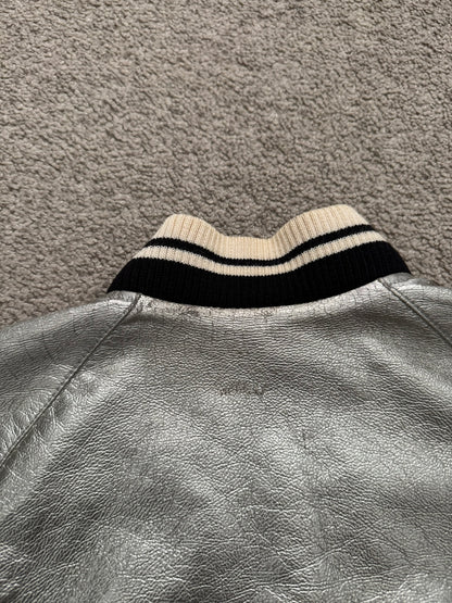 SS14 Saint Laurent by Hedi Slimane Silver Varsity Teddy Bomber Jacket