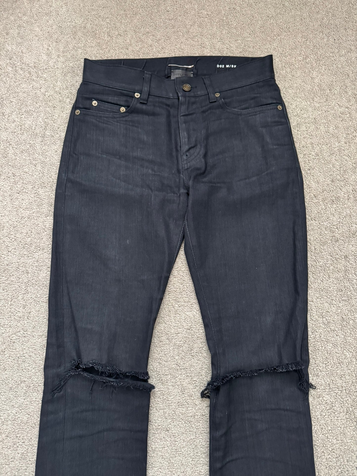 FW15 Saint Laurent by Hedi Slimane Waxed Knee Slit D02 Denim Jeans