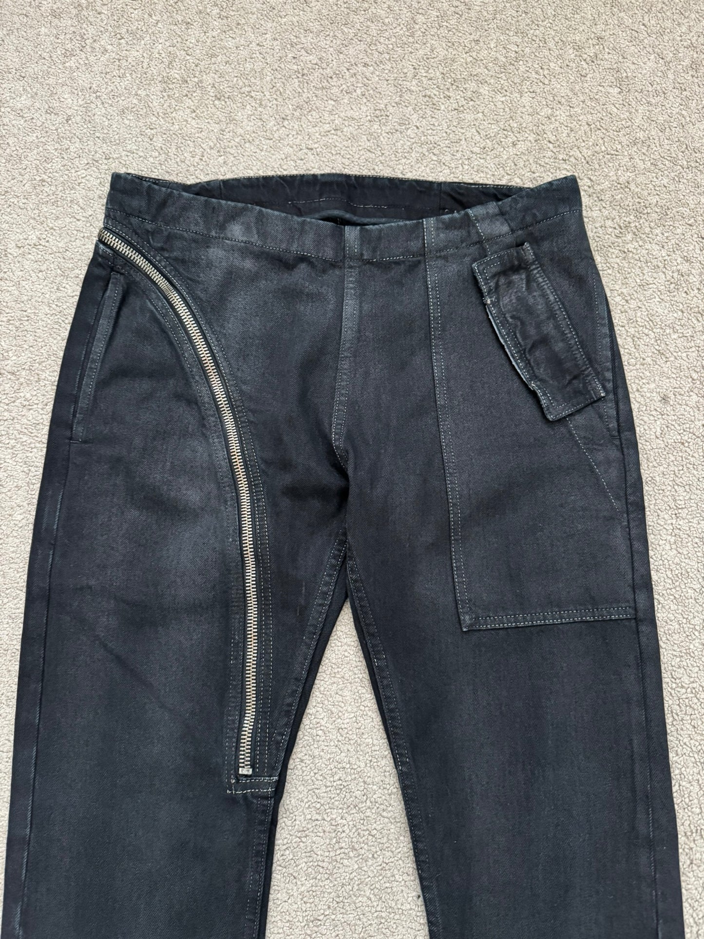 FW15 Rick Owens DRKSHDW Black Matte Waxed Aircut Denim Jeans