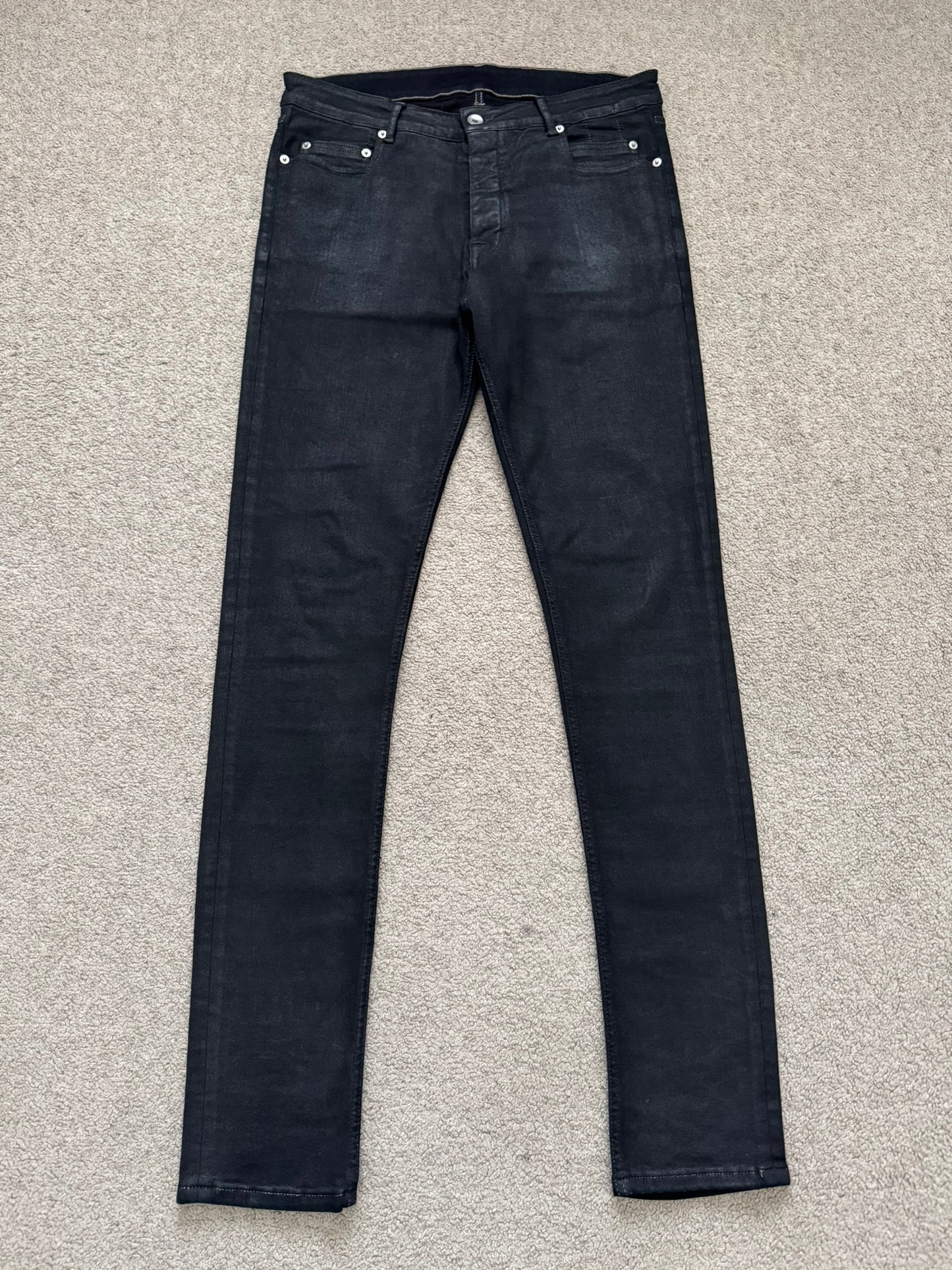 FW19 Rick Owens DRKSHDW Black Waxed Tyrone Cut Denim Jeans