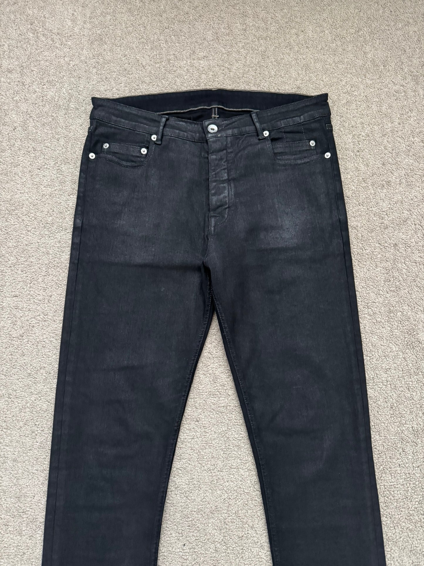 FW19 Rick Owens DRKSHDW Black Waxed Tyrone Cut Denim Jeans