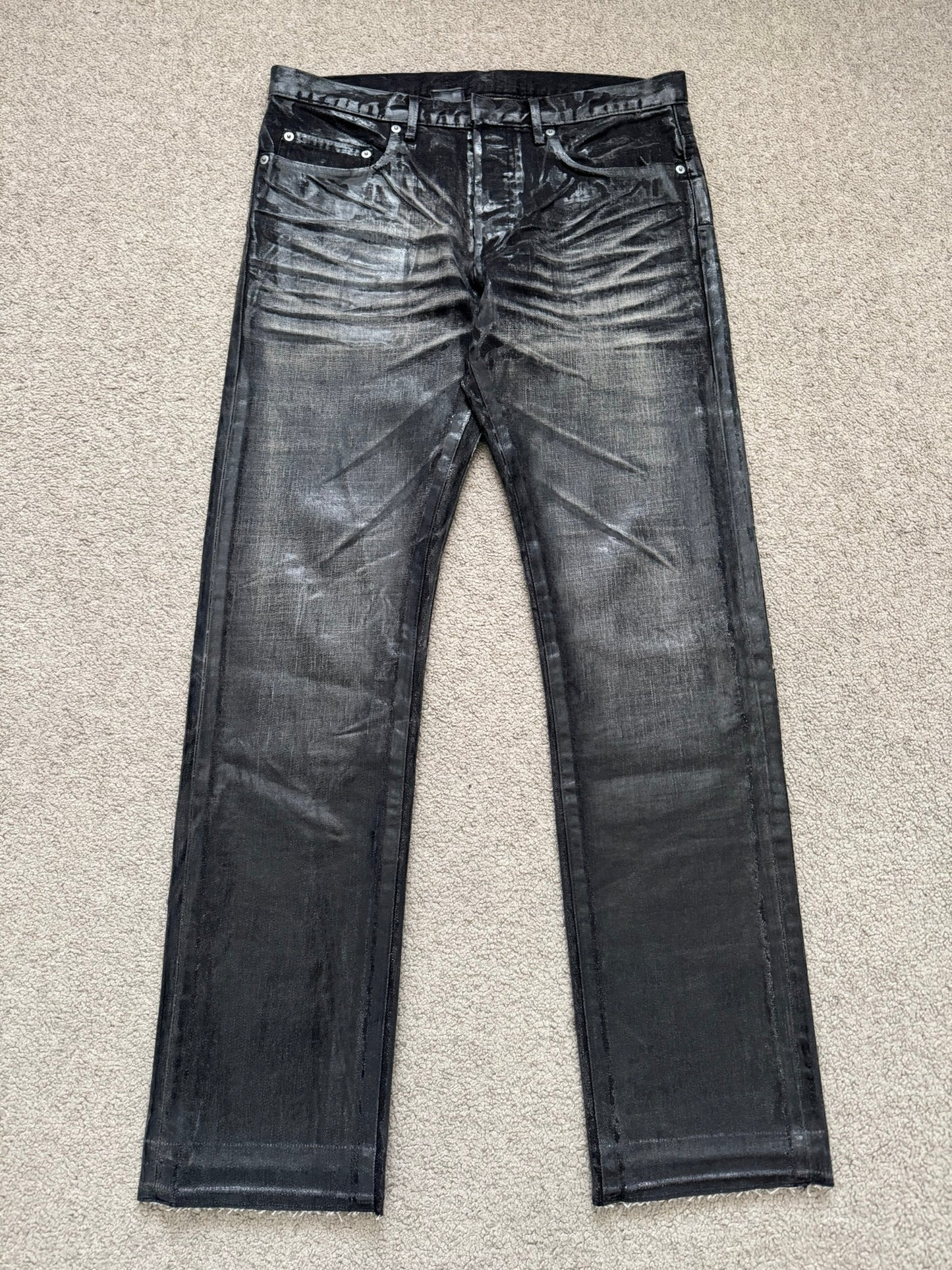 AW03 Dior Homme by Hedi Slimane “Luster” Black Waxed Clawmark Denim Jeans