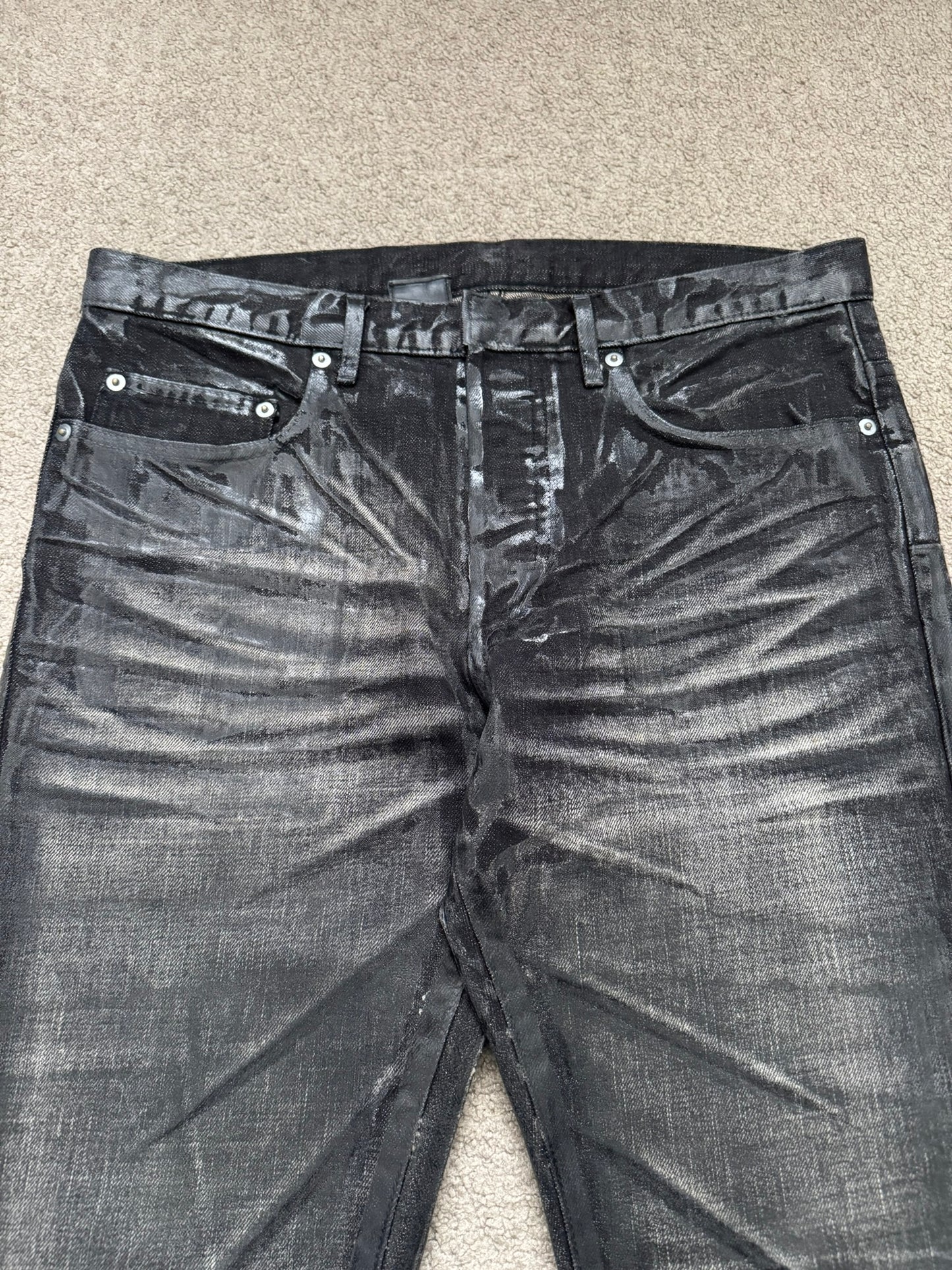 AW03 Dior Homme by Hedi Slimane “Luster” Black Waxed Clawmark Denim Jeans