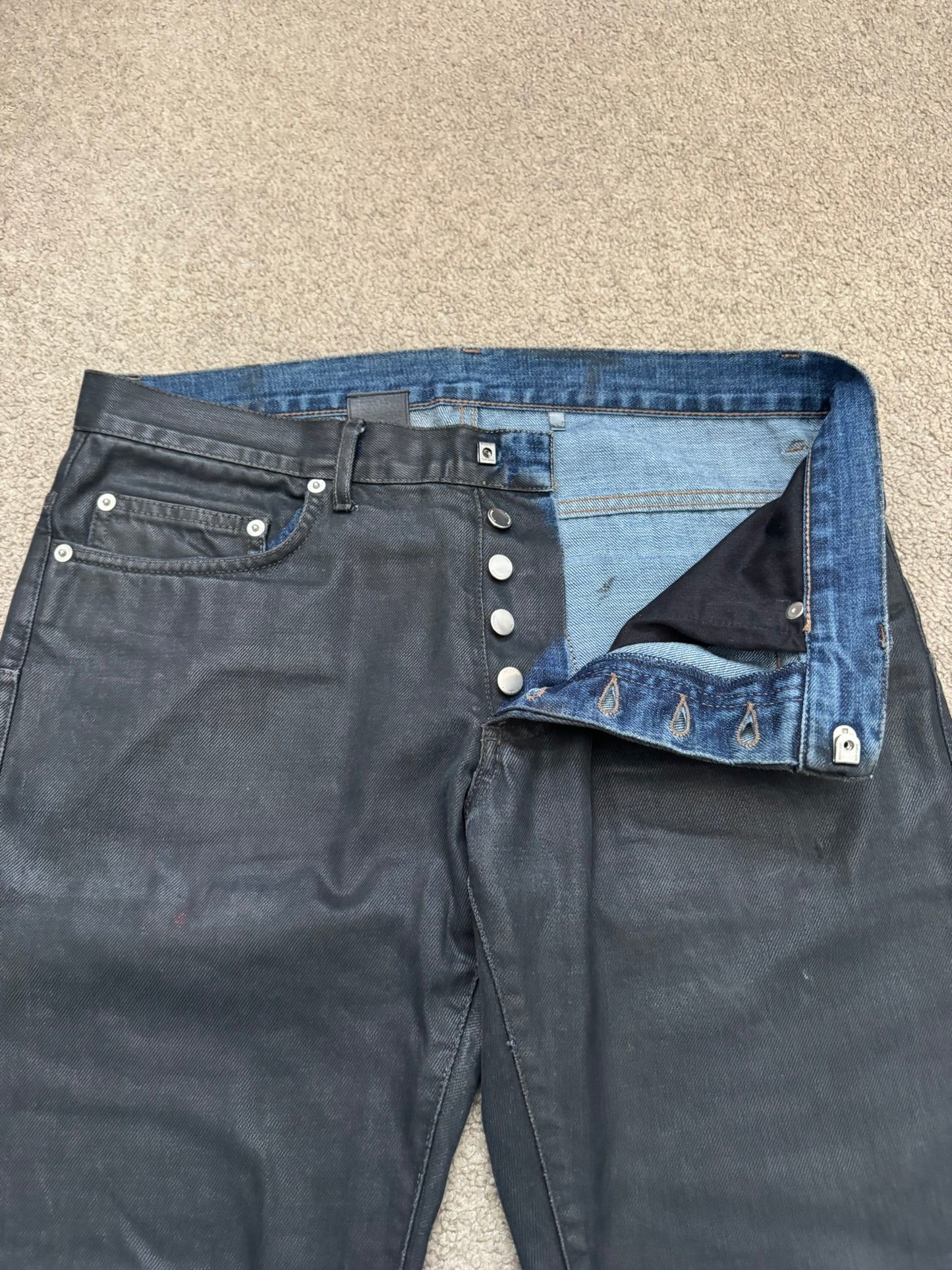 FW14 Dior Homme by Kris Van Assche Black Waxed Blue Denim Jeans