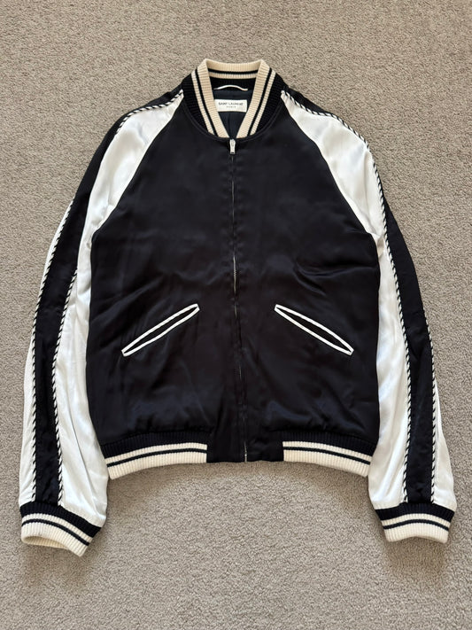 SS14 Saint Laurent by Hedi Slimane Satin Teddy Varsity Bomber Jacket