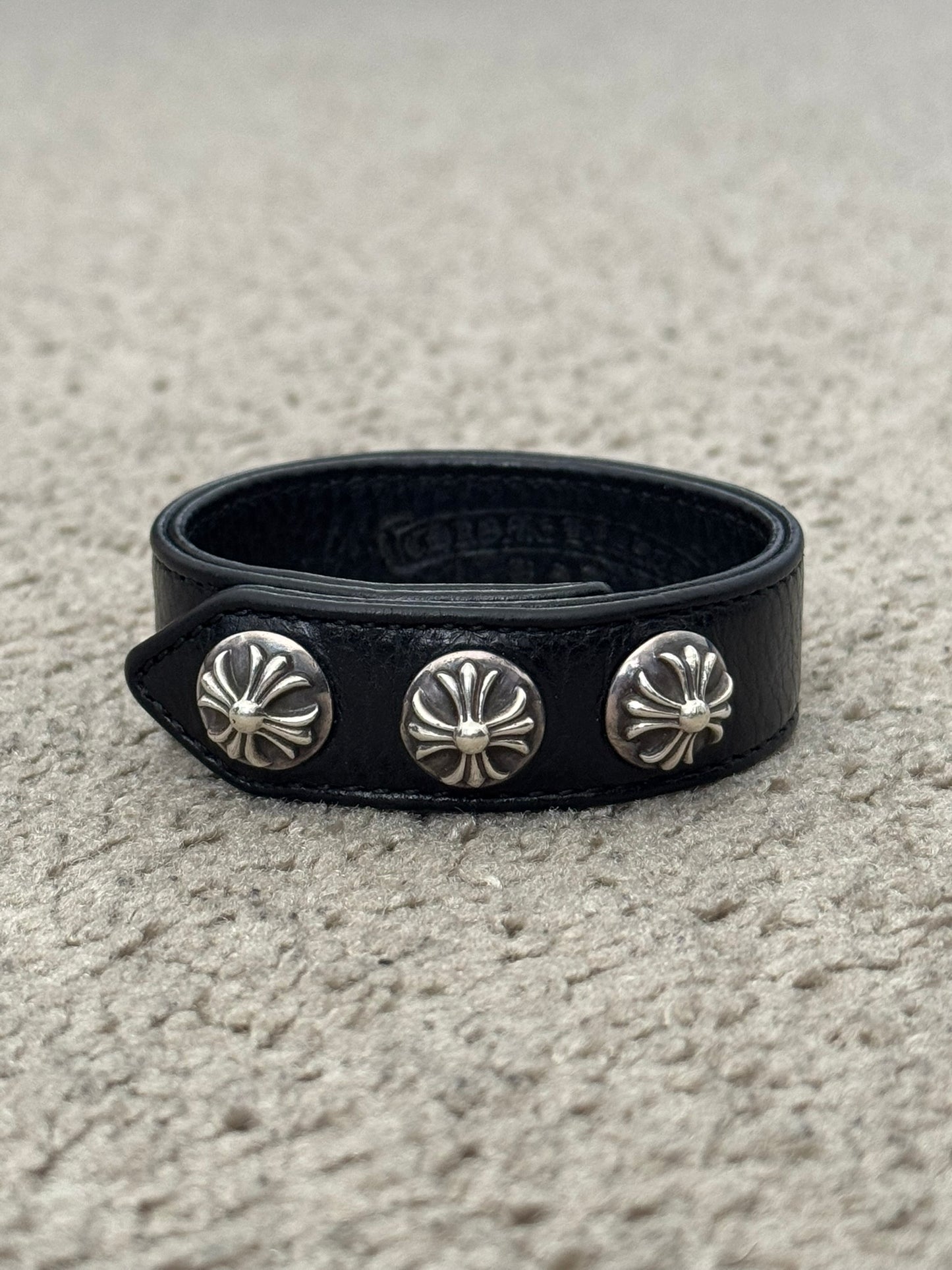 Chrome Hearts 3 Silver Cross Snap Button Black Leather Bracelet