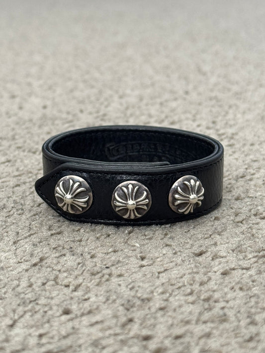 Chrome Hearts 3 Silver Cross Snap Button Black Leather Bracelet