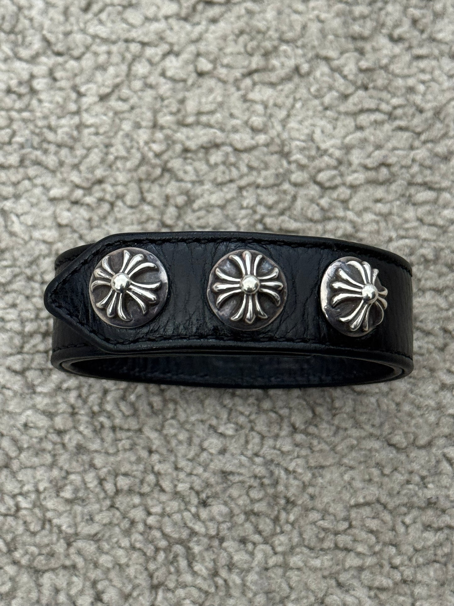 Chrome Hearts 3 Silver Cross Snap Button Black Leather Bracelet