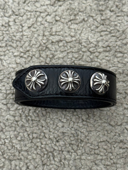 Chrome Hearts 3 Silver Cross Snap Button Black Leather Bracelet