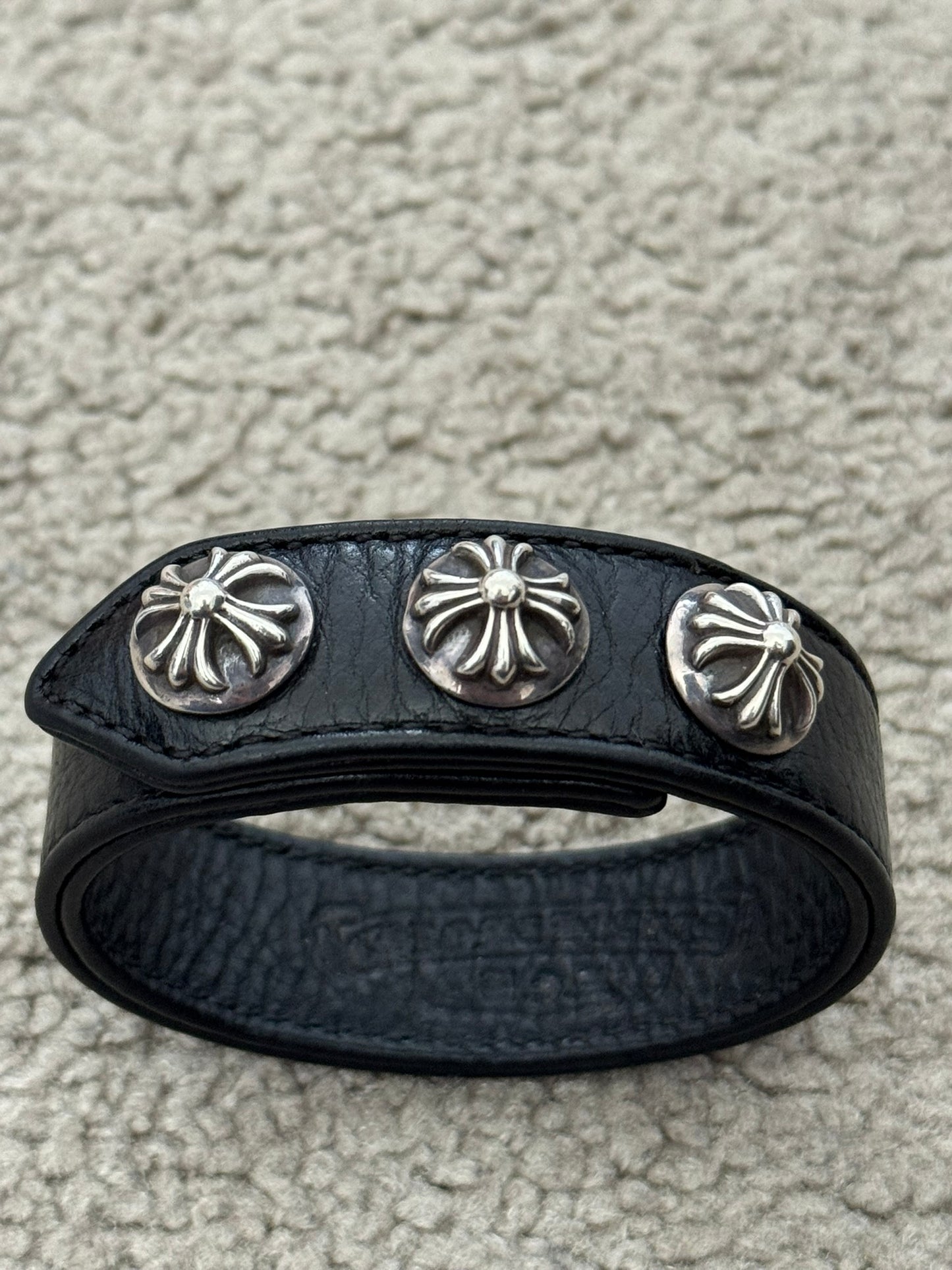 Chrome Hearts 3 Silver Cross Snap Button Black Leather Bracelet