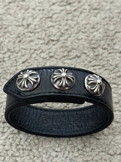 Chrome Hearts 3 Silver Cross Snap Button Black Leather Bracelet
