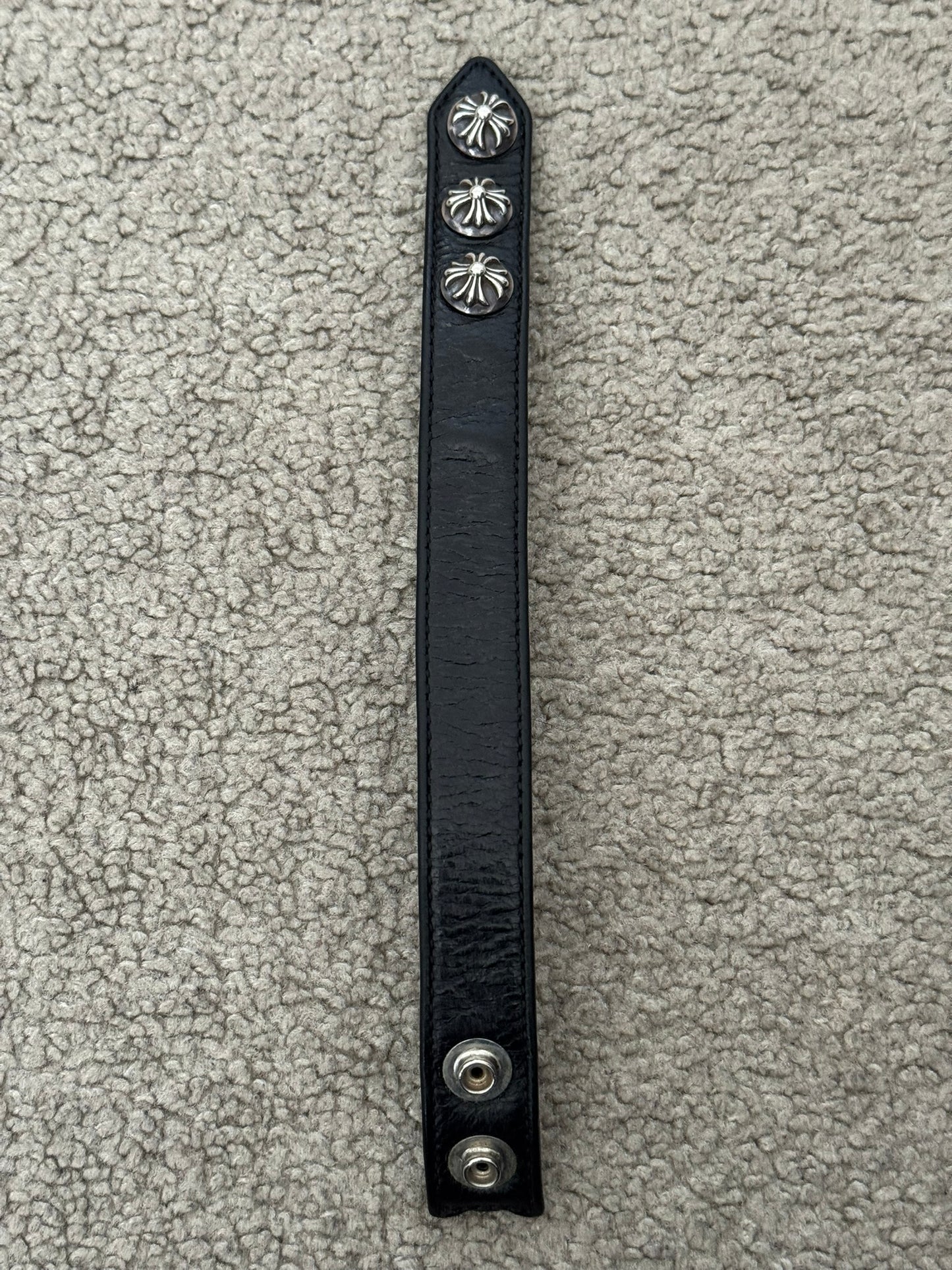 Chrome Hearts 3 Silver Cross Snap Button Black Leather Bracelet