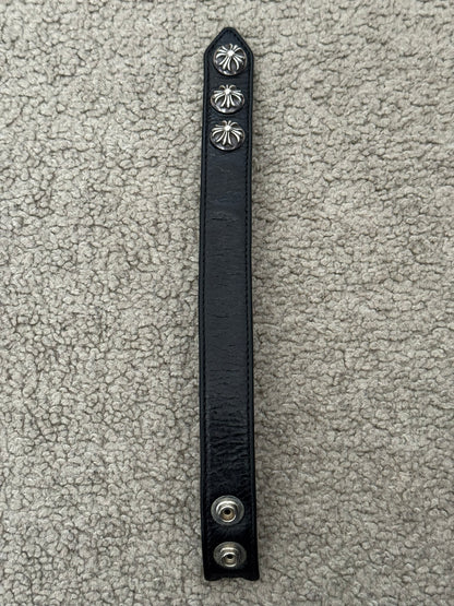 Chrome Hearts 3 Silver Cross Snap Button Black Leather Bracelet
