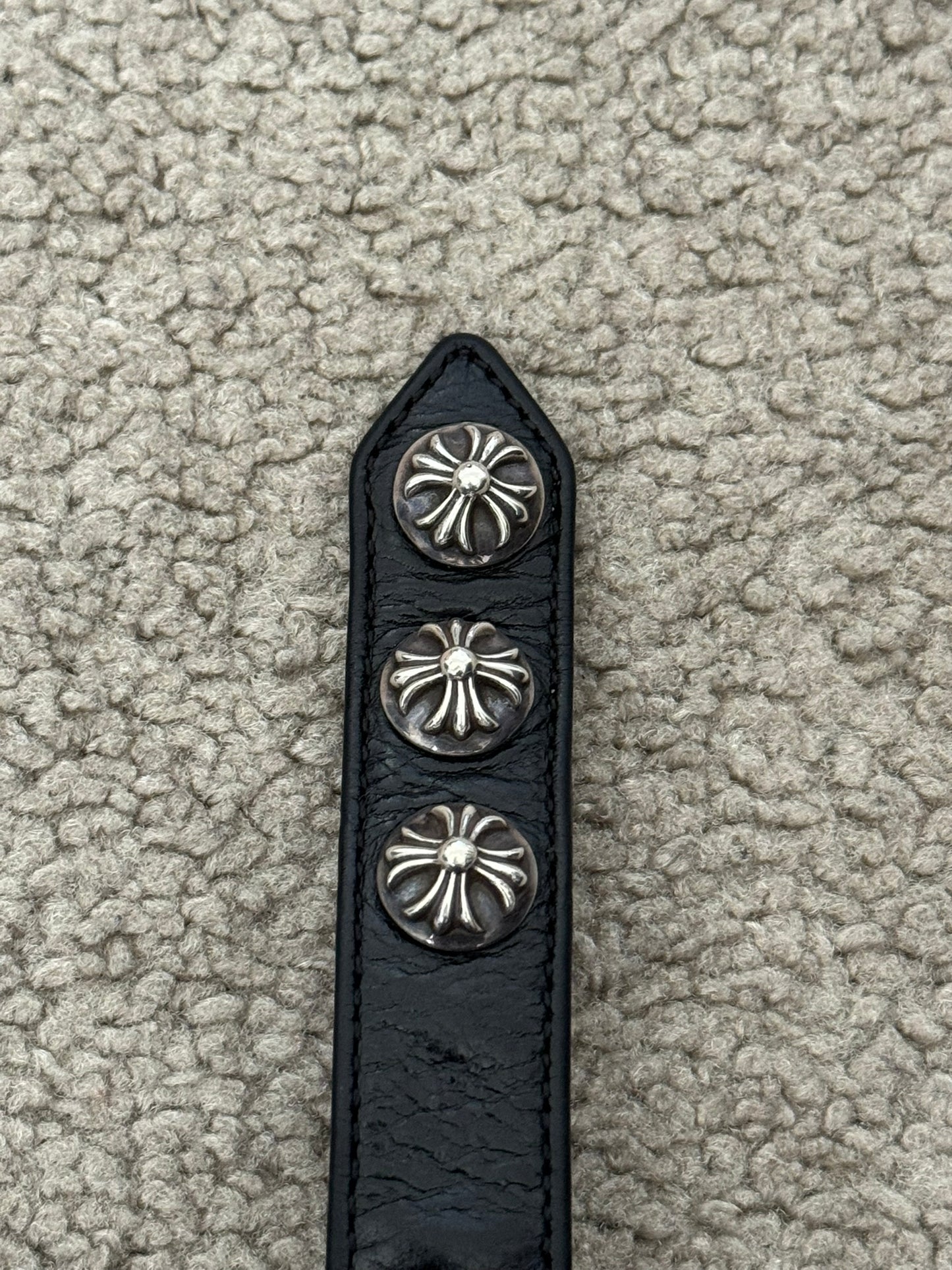 Chrome Hearts 3 Silver Cross Snap Button Black Leather Bracelet