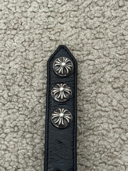 Chrome Hearts 3 Silver Cross Snap Button Black Leather Bracelet