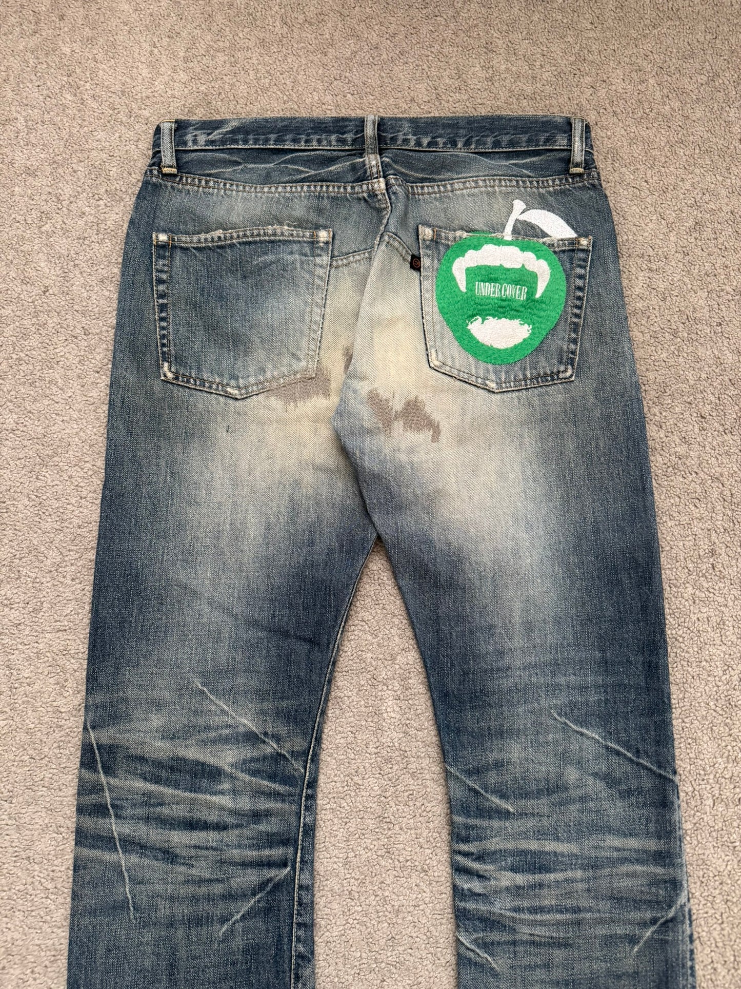 AW07 Undercover "Knit" Apple Fang Embroidered Denim Jeans
