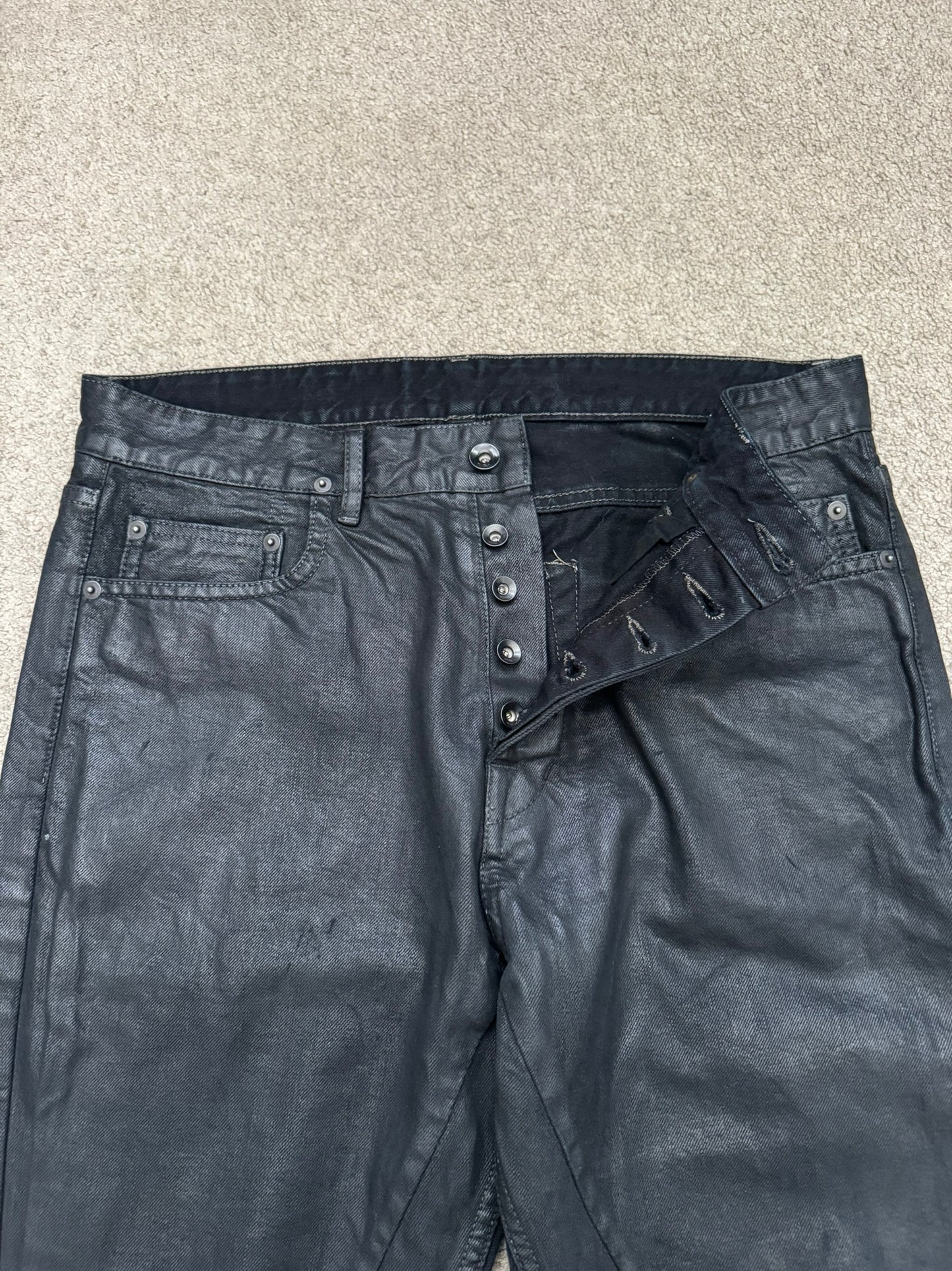 SS17 Rick Owens DRKSHDW Black Waxed Torrence Cut Denim Jeans