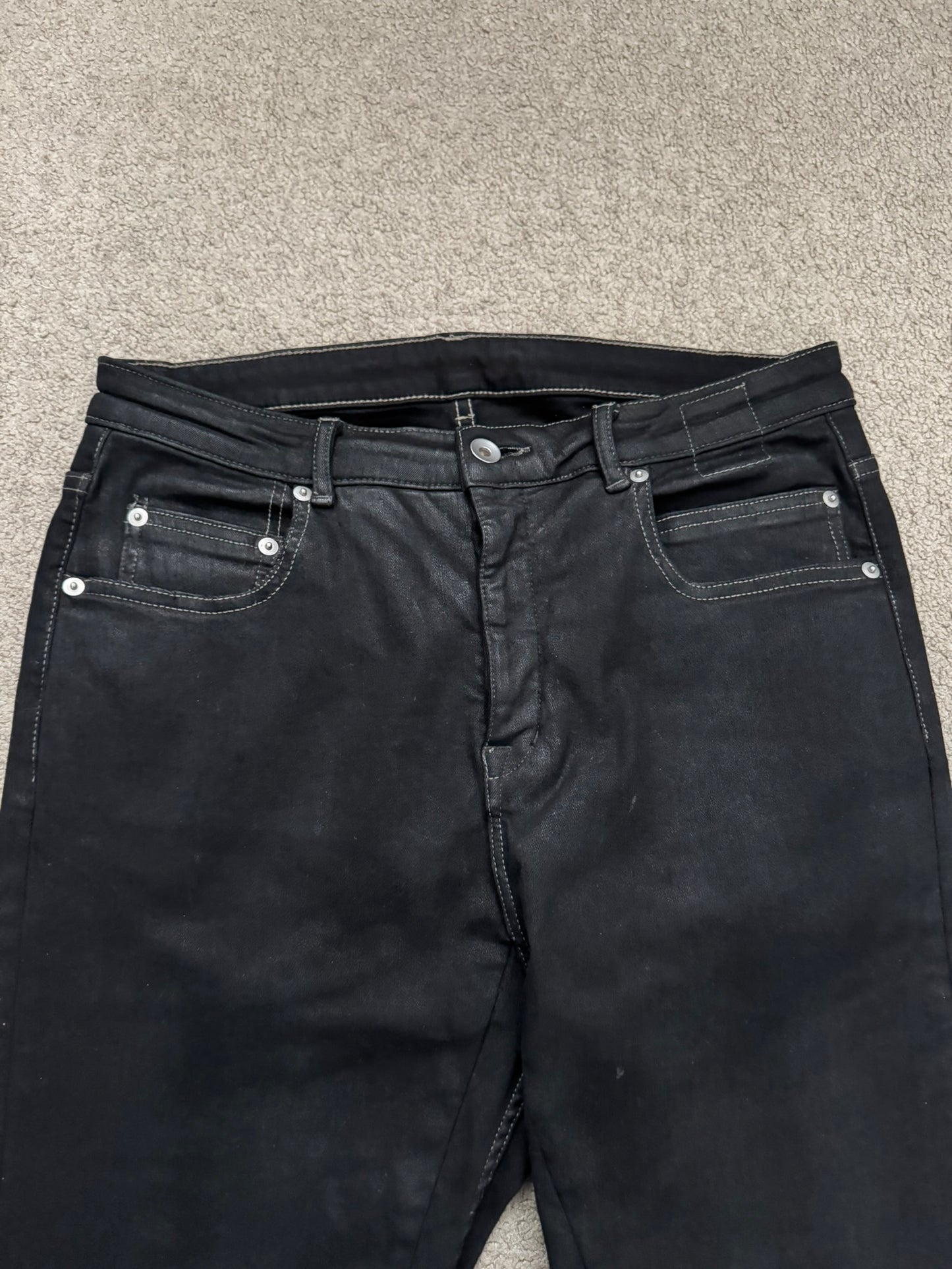 SS24 Rick Owens DRKSHDW Black Waxed Detroit Cut Denim Jeans